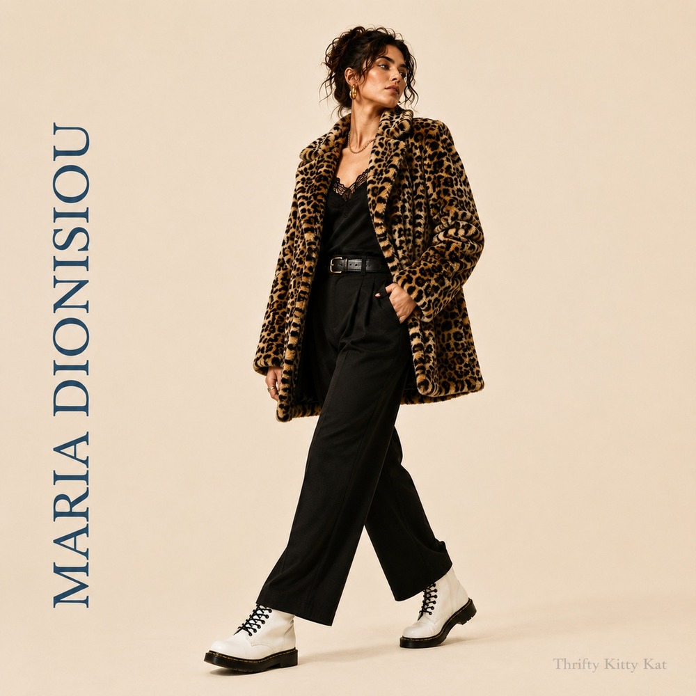 Maria Dionisiou Olympia Faux Fur Leopard Print Blazer Vintage Made USA Mobwife S